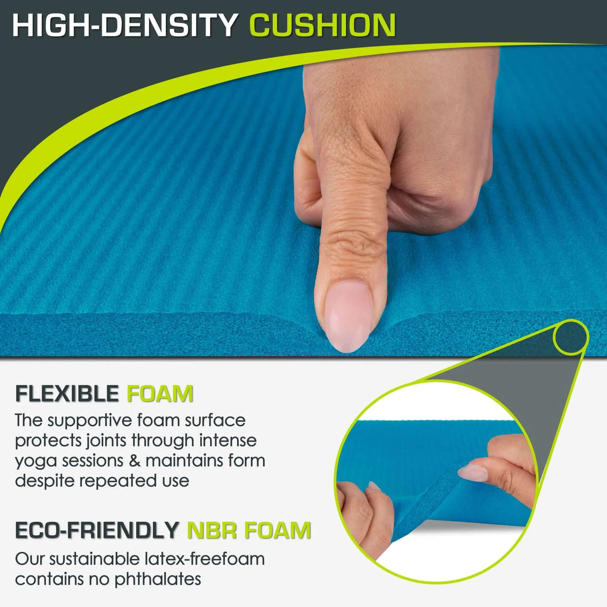 High-density yoga knee pad in bright blue with non-slip texture and logo, perfect for joint protection during yoga.