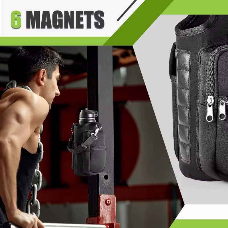 Magnetic Water Bottle Carrier with Phone Pocket & Adjustable Strap