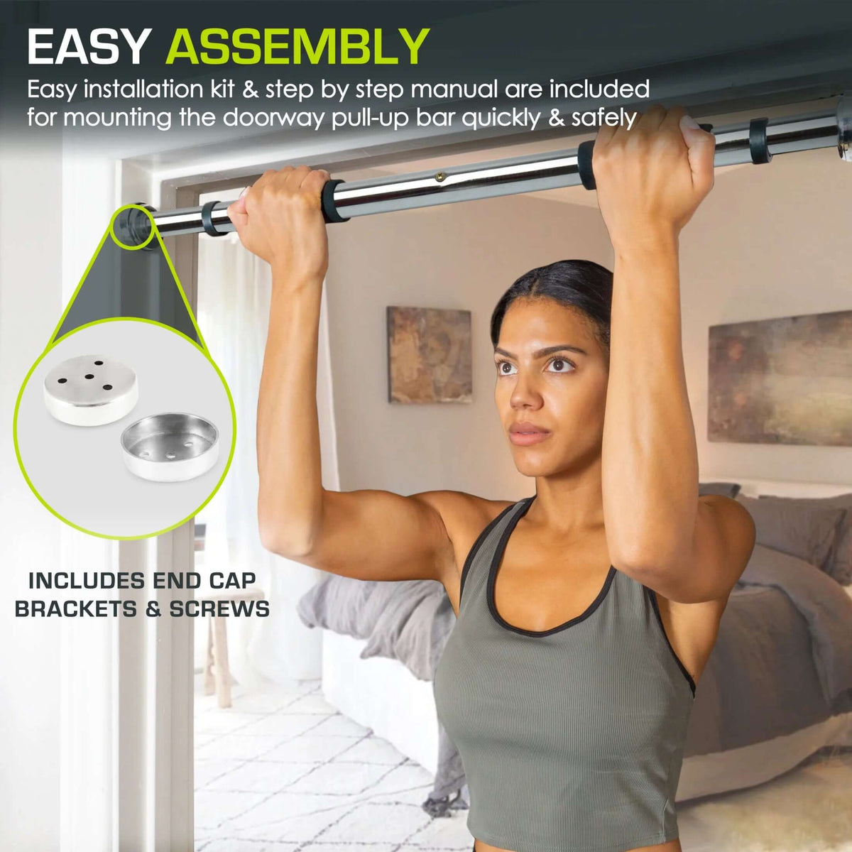 Adjustable doorway pull-up bar in heavy-duty steel, designed for home workouts, capacity of 220 lbs, fits doorframes 24"–39".