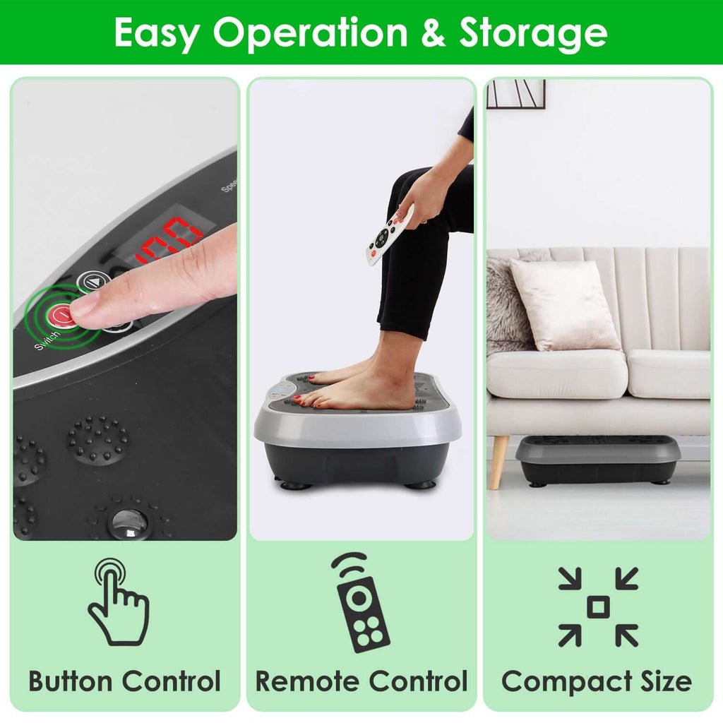 Vibration exercise machine with resistance bands and remote control for full-body workouts at home.