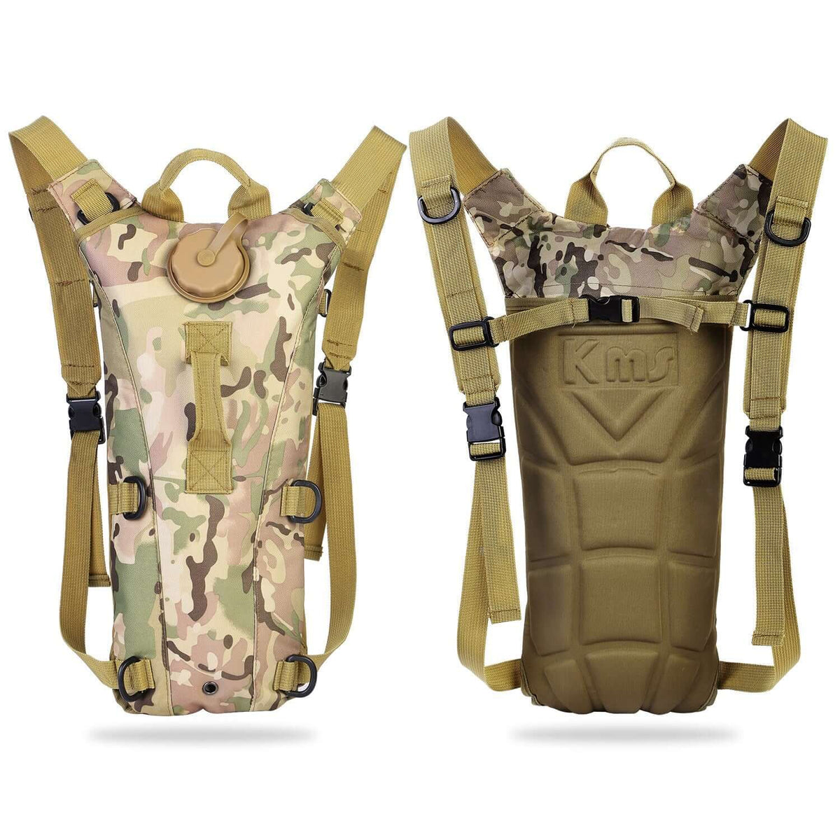 Woman running in nature, wearing a 3L tactical hydration pack for hands-free hydration during sports.