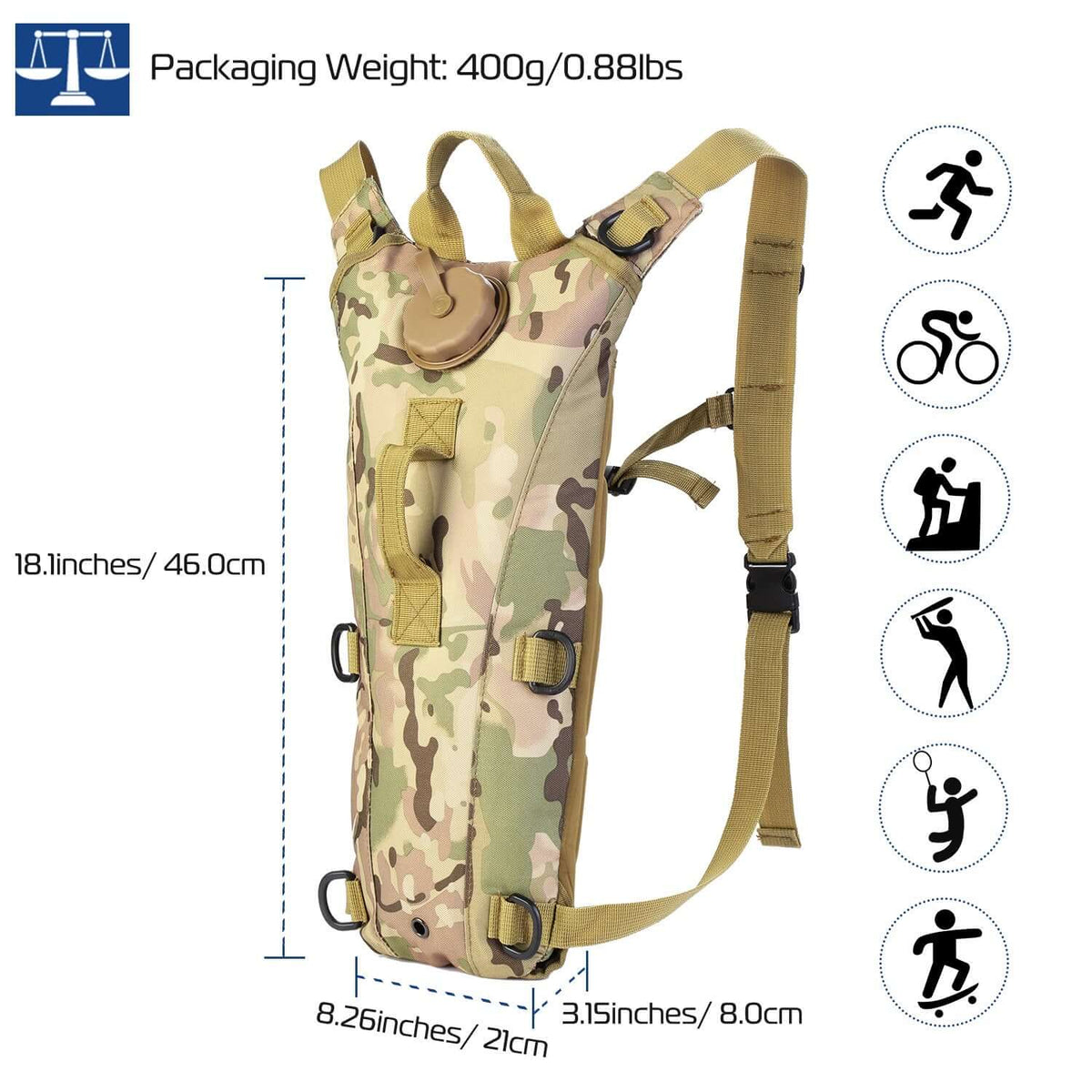Woman running in nature, wearing a 3L tactical hydration pack for hands-free hydration during sports.