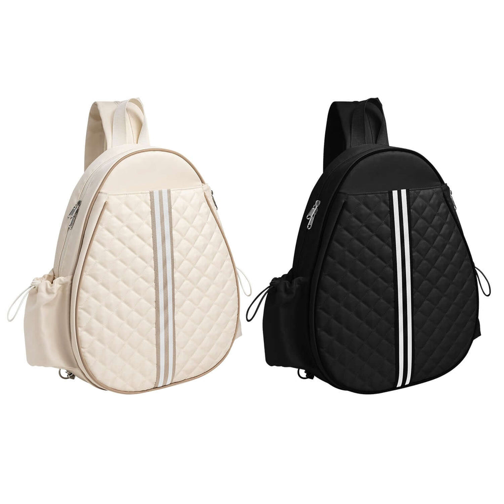 Waterproof pickleball sling bag in black and cream color options, designed for versatility and organization on the court.