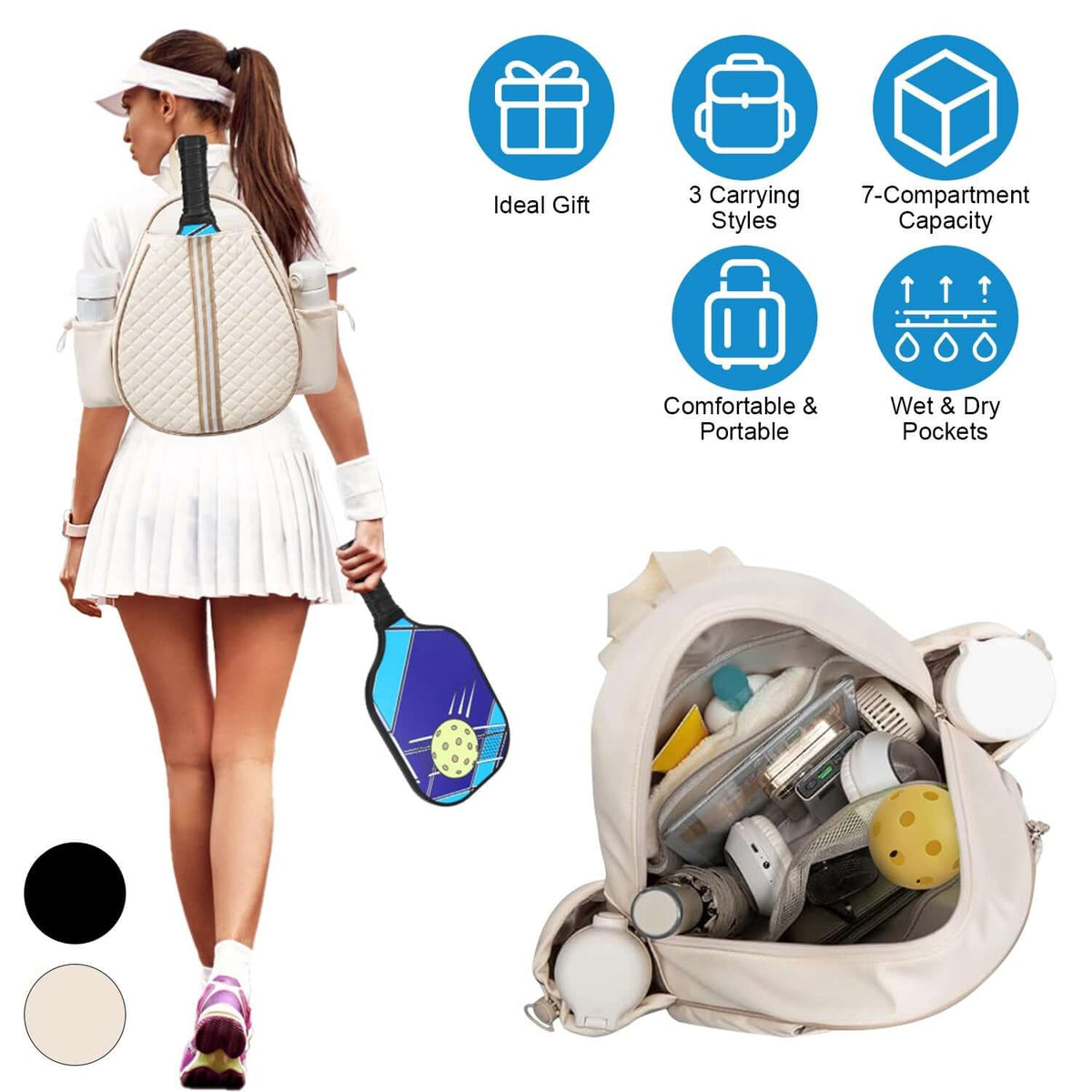 Waterproof pickleball sling bag in black and cream color options, designed for versatility and organization on the court.
