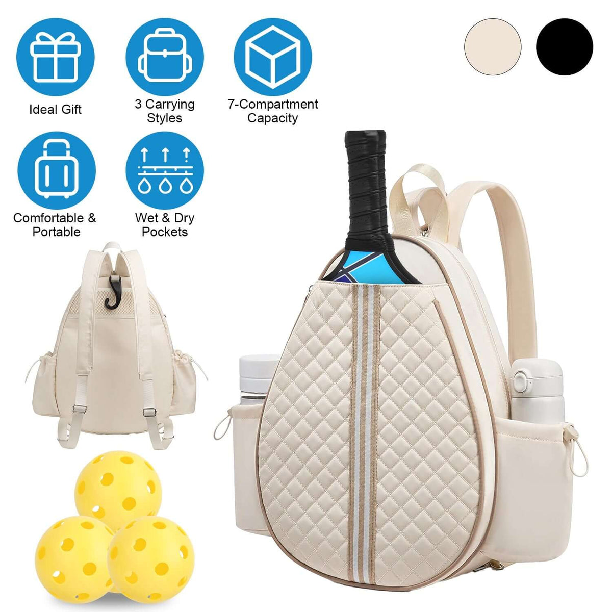 Waterproof pickleball sling bag in black and cream color options, designed for versatility and organization on the court.