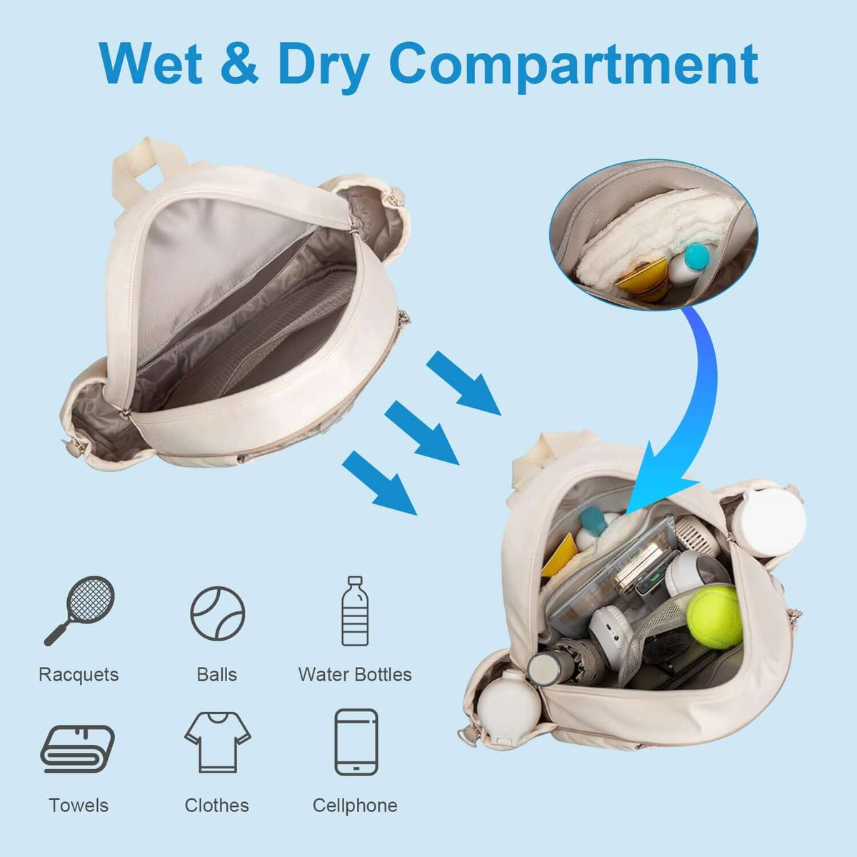 Waterproof pickleball sling bag in black and cream color options, designed for versatility and organization on the court.
