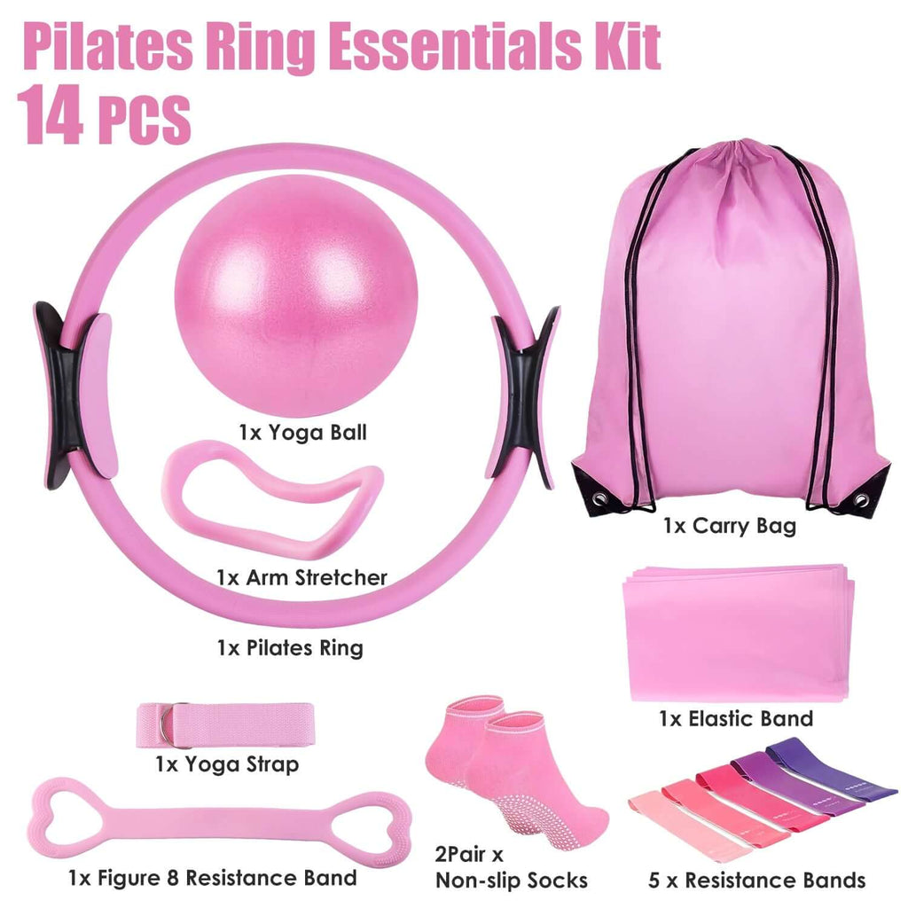 14-piece pilates kit for women featuring elastic band and yoga strap for effective workouts.