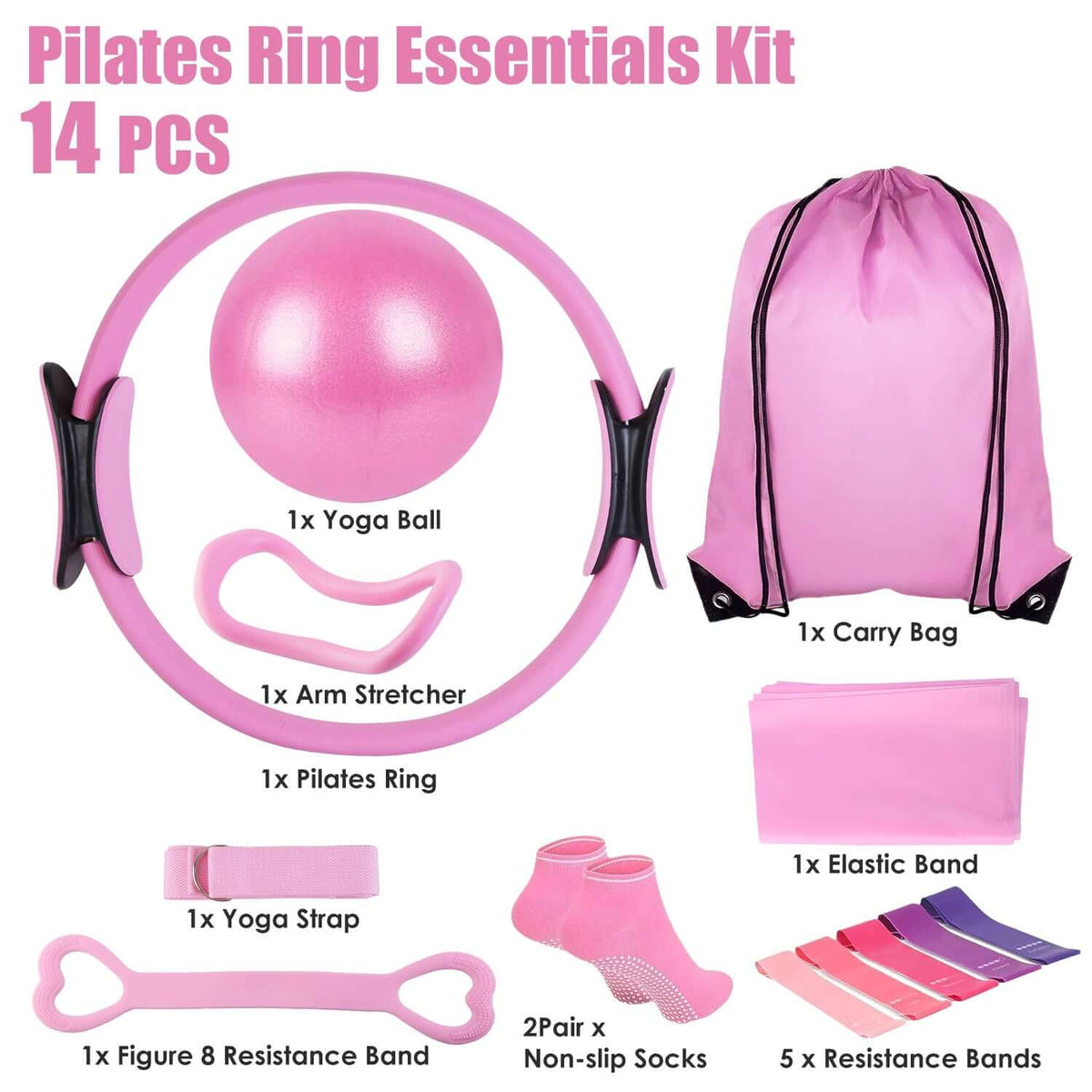 14-piece pilates kit for women featuring elastic band and yoga strap for effective workouts.