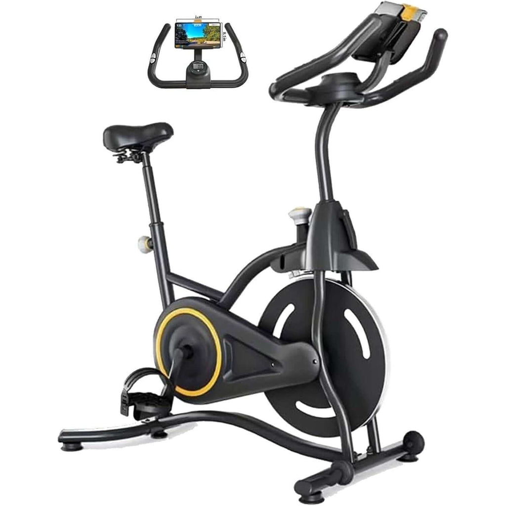 Indoor spin bike with heart rate monitor, adjustable seat, and phone holder for home workouts.