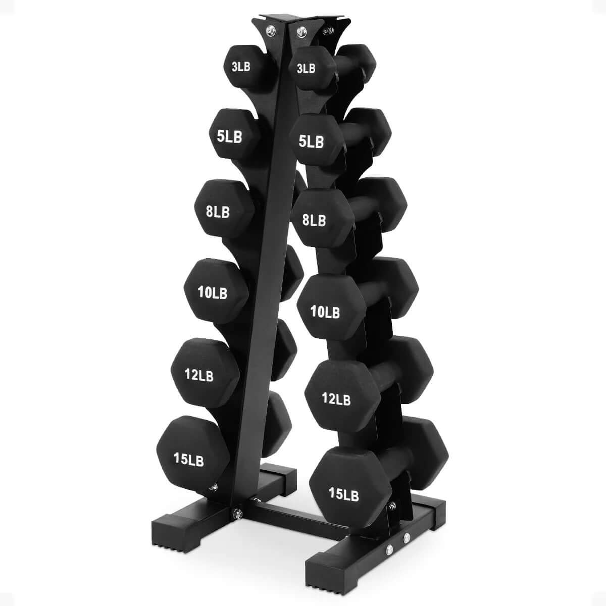 Neoprene coated dumbbell set with stand featuring 10 pairs of weights, ranging from 3 to 15 lb, perfect for home gym.
