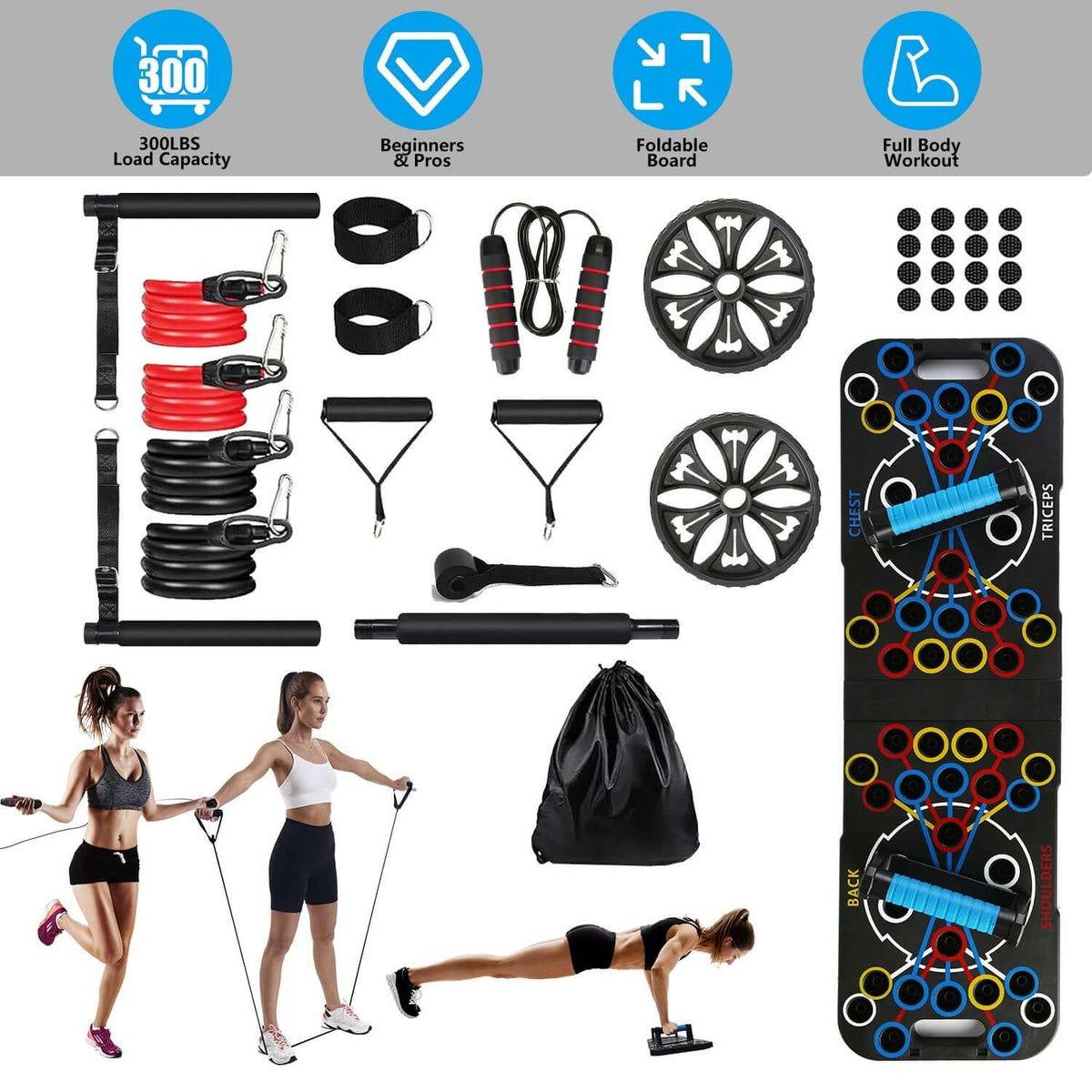 15-in-1 home gym push up board set with color-coded handles, resistance bands, and accessories for full-body workouts.