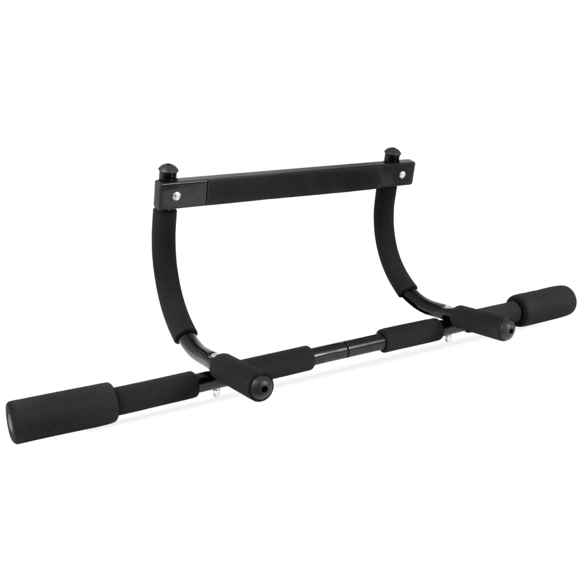 Adjustable doorway pull-up bar in heavy-duty steel, designed for home workouts, capacity of 220 lbs, fits doorframes 24"–39".