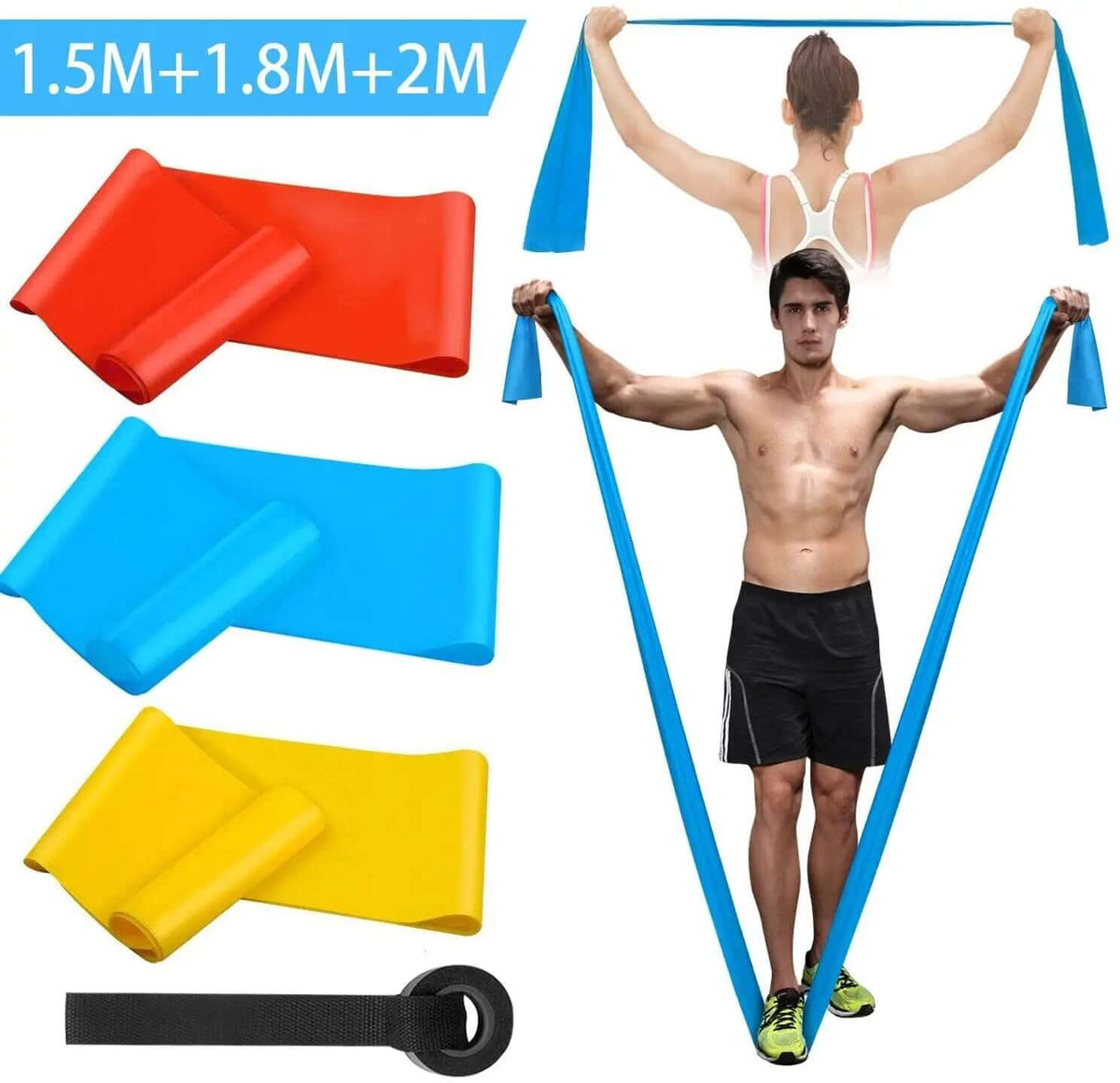 Natural latex resistance bands set with three color-coded bands, perfect for workouts and strength training exercises.