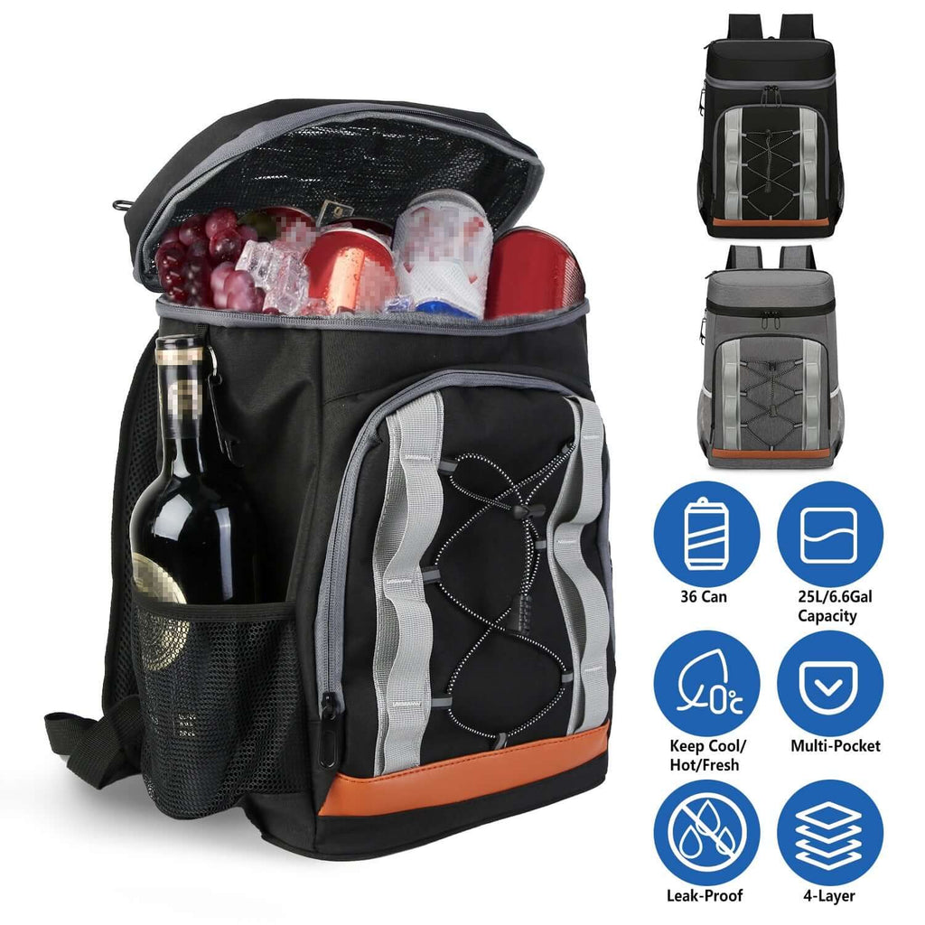 25L insulated cooler backpack in black and gray, designed for maximum cold retention and outdoor convenience.