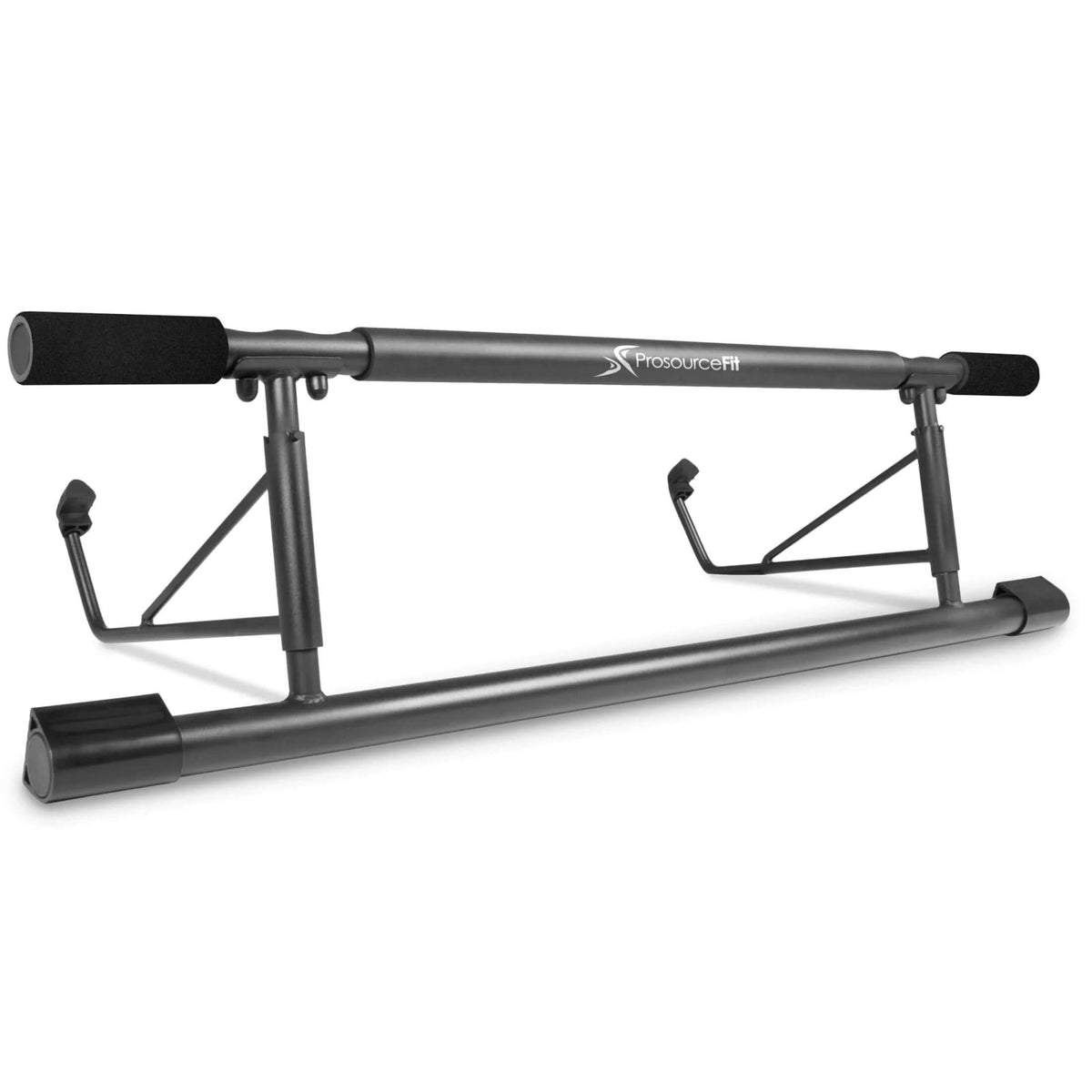 Adjustable doorway pull-up bar in heavy-duty steel, designed for home workouts, capacity of 220 lbs, fits doorframes 24"–39".