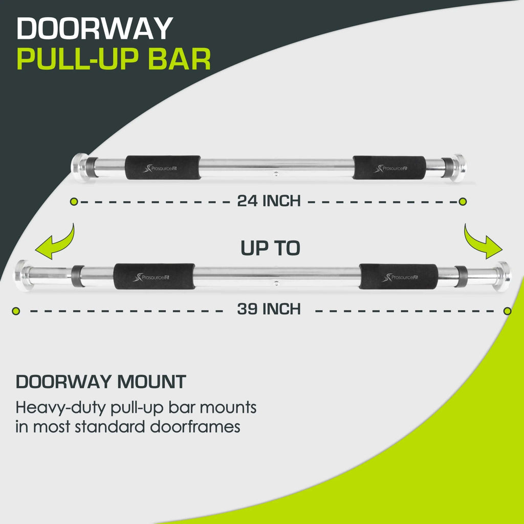 Adjustable doorway pull-up bar in heavy-duty steel, designed for home workouts, capacity of 220 lbs, fits doorframes 24"–39".