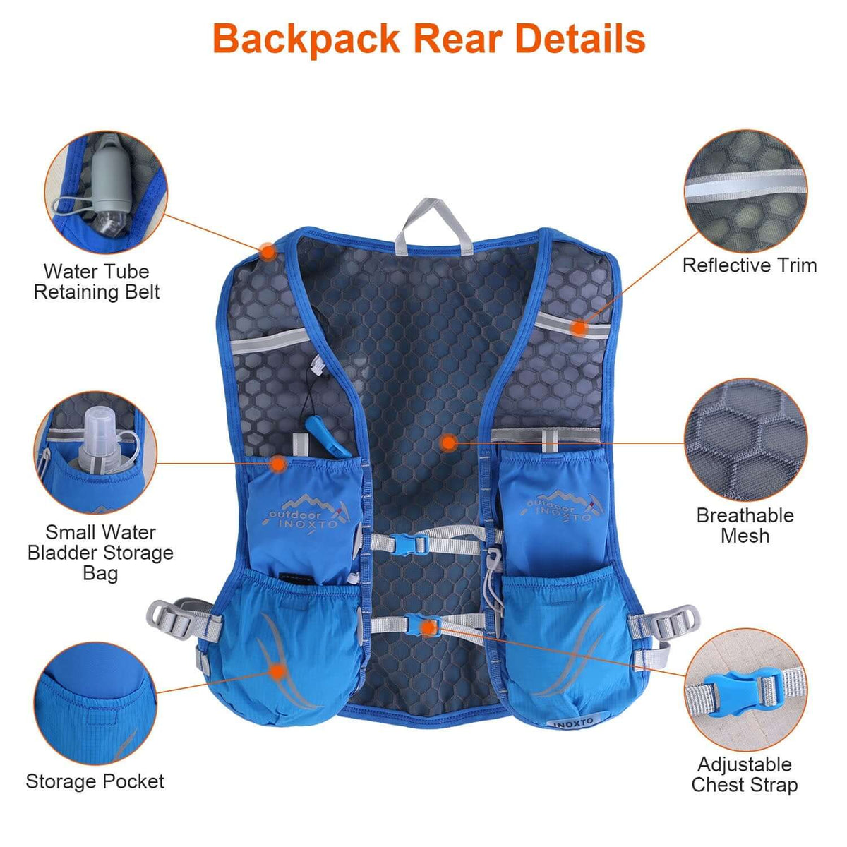Running hydration vest with water bladder in blue, black, and gray designs for active hydration.