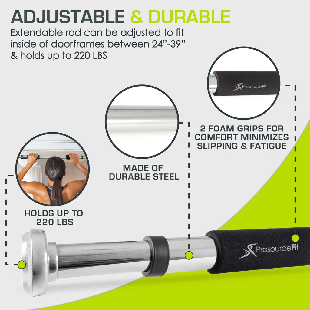 Adjustable doorway pull-up bar in heavy-duty steel, designed for home workouts, capacity of 220 lbs, fits doorframes 24"–39".