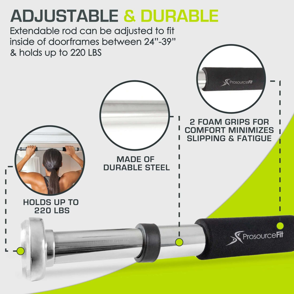 Adjustable doorway pull-up bar in heavy-duty steel, designed for home workouts, capacity of 220 lbs, fits doorframes 24"–39".