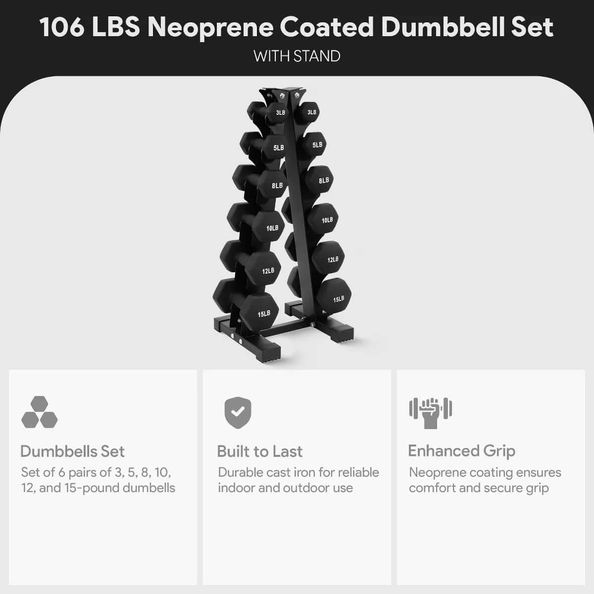 BalanceFrom 110 lb Neoprene Coated Dumbbell Set with Stand - 10 Pairs of Adjustable Weights for Comprehensive Home Fitness, Black