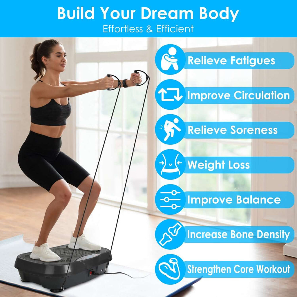 Woman using vibration exercise machine with Bluetooth, showcasing its features like LED display and resistance bands.