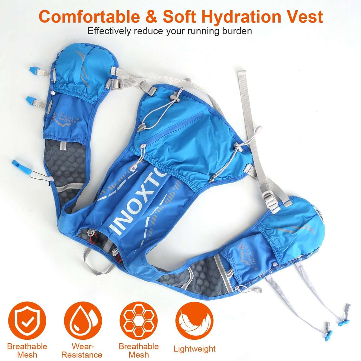 Running hydration vest with water bladder in blue, black, and gray designs for active hydration.