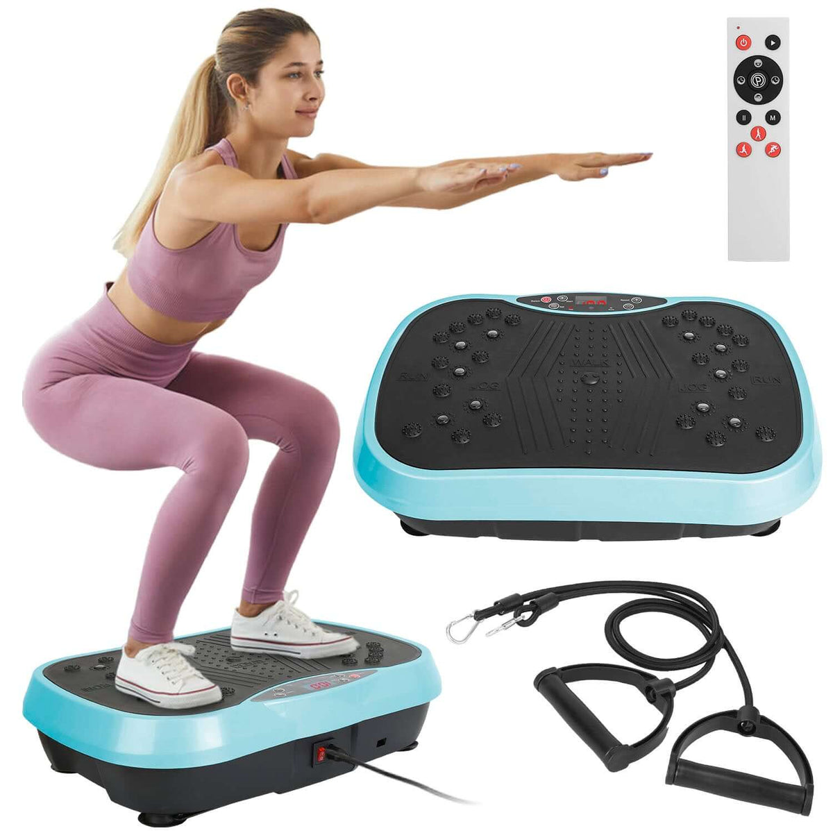Vibration exercise machine with resistance bands and remote control for full-body workouts at home.