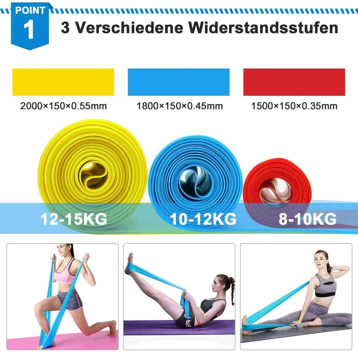 Natural latex resistance bands set with three color-coded bands, perfect for workouts and strength training exercises.