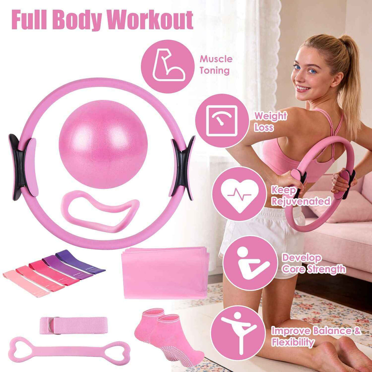 14-Piece Pilates Kit for Women – Yoga Ball, Resistance Bands, and More
