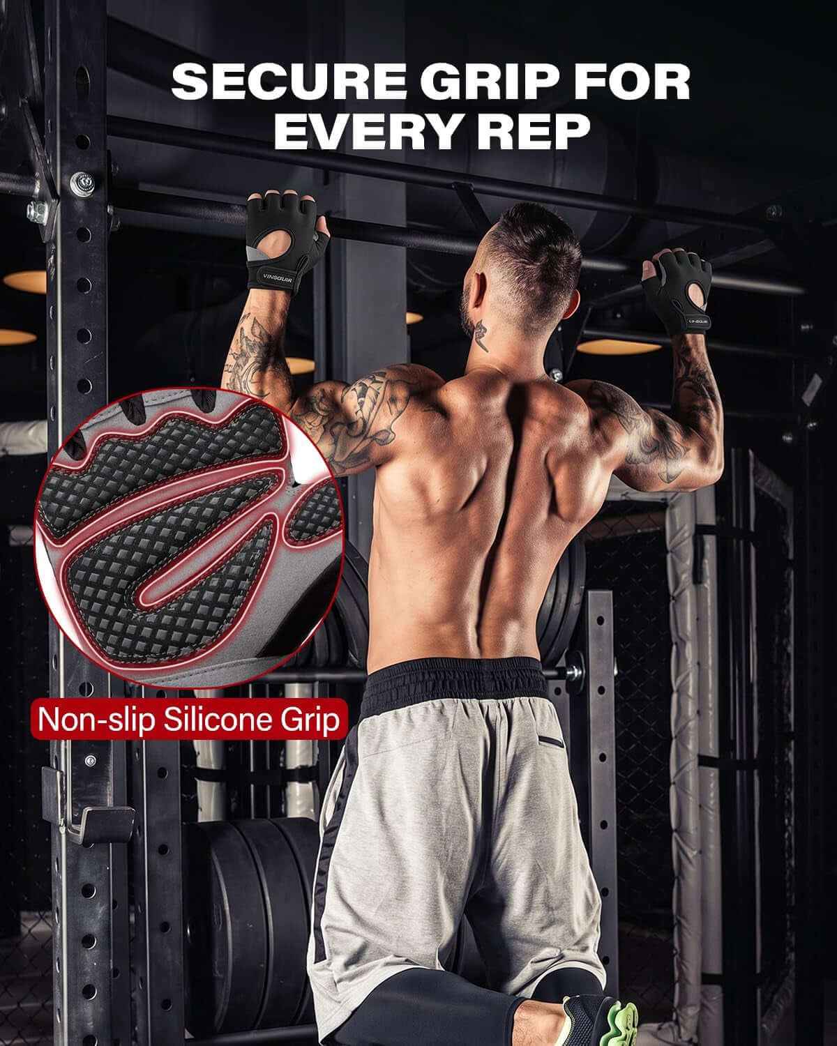 Premium Workout Gloves with Non-Slip Grip, Foam Palm Padding, Black, L