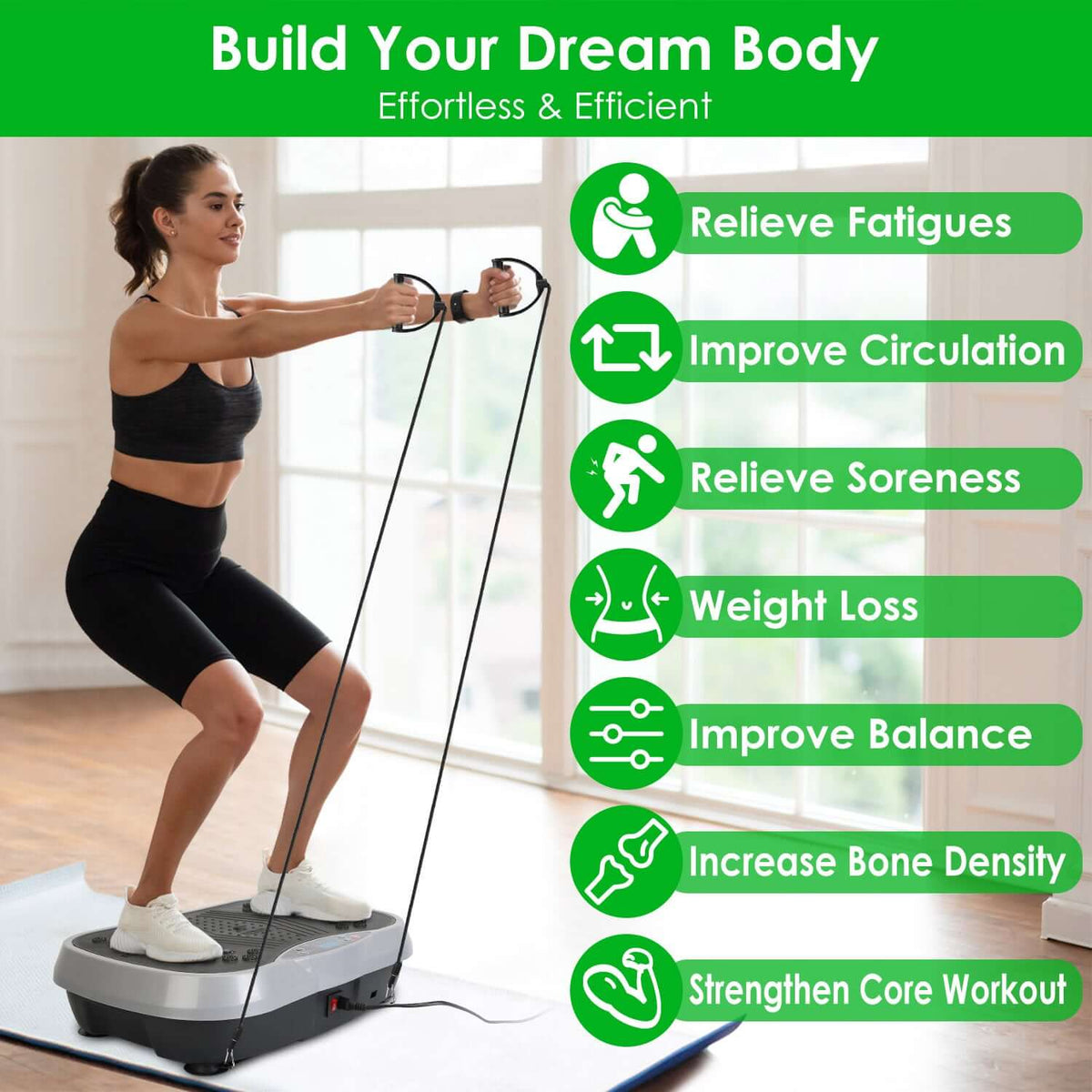 Vibration exercise machine with resistance bands and remote control for full-body workouts at home.