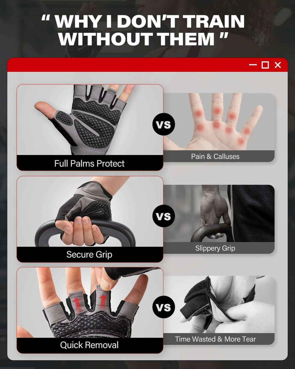 Premium Workout Gloves with Non-Slip Grip, Foam Palm Padding, Black, L