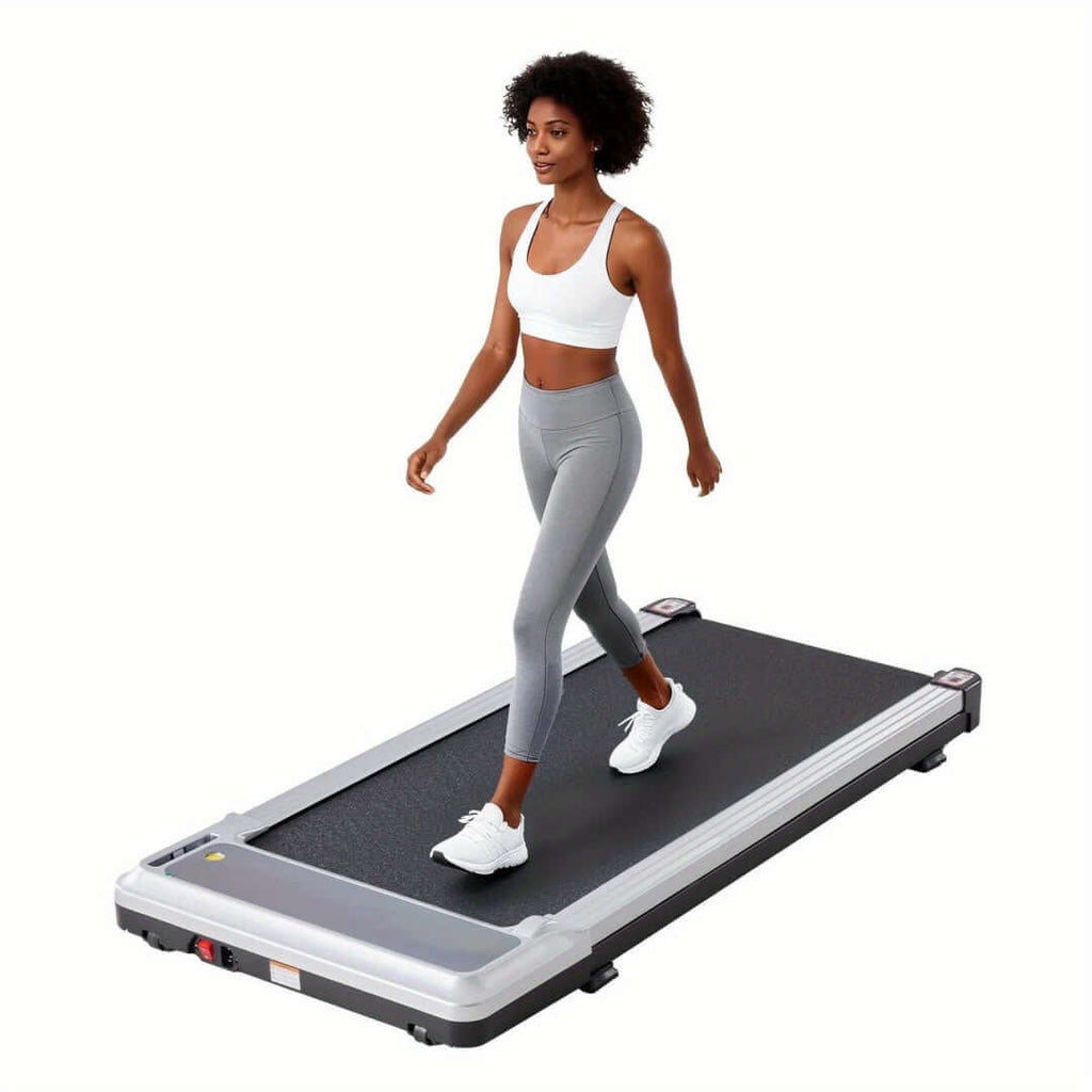 Compact Walking Pad Treadmill with a woman walking in workout attire, designed for quiet and portable use under desks.