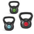 Floor-safe HDPE kettlebell set featuring 5LB, 10LB, and 15LB weights with ergonomic design for strength training.