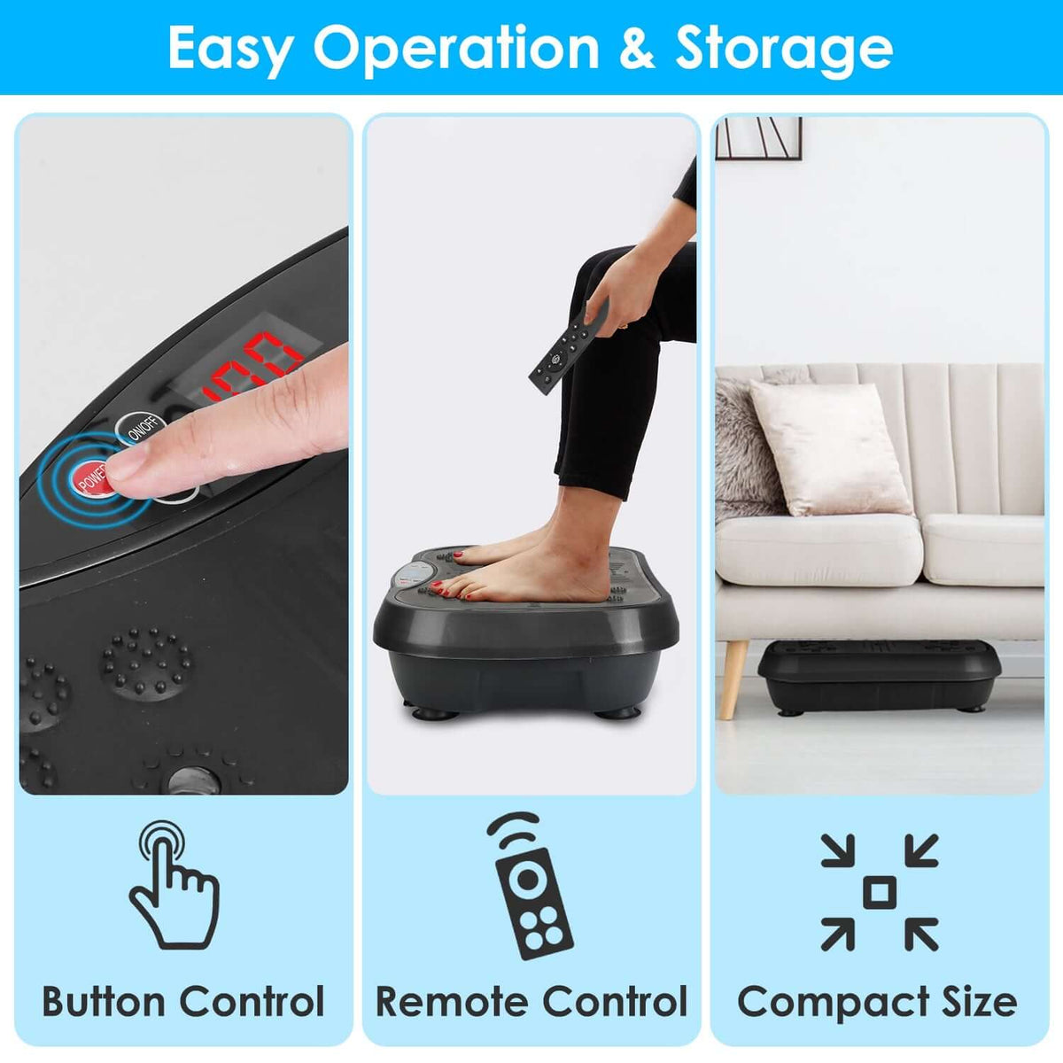 Woman using vibration exercise machine with Bluetooth, showcasing its features like LED display and resistance bands.