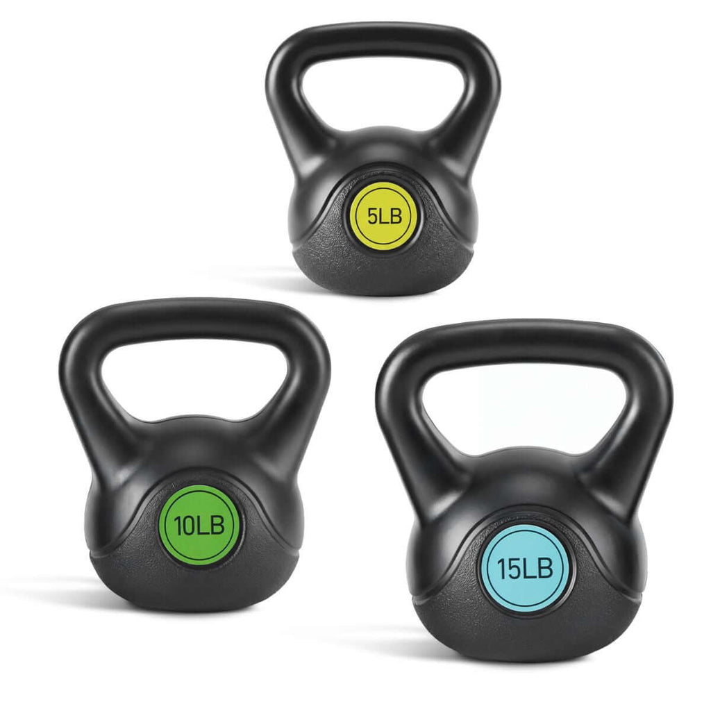 Floor-safe HDPE kettlebell set featuring 5LB, 10LB, and 15LB weights with ergonomic design for strength training.
