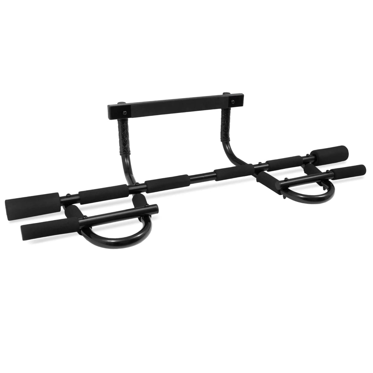 Adjustable doorway pull-up bar in heavy-duty steel, designed for home workouts, capacity of 220 lbs, fits doorframes 24"–39".