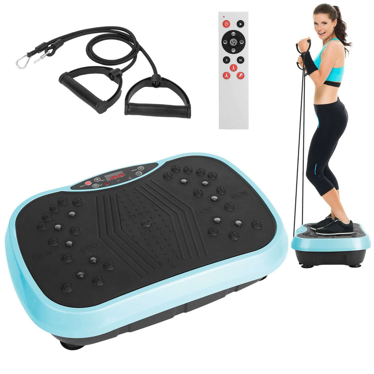 Vibration exercise machine with resistance bands and remote control for full-body workouts at home.
