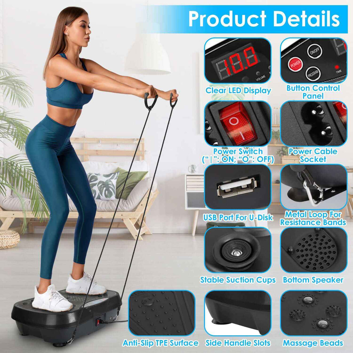 Vibration Exercise Machine with Bluetooth –USB Music, Resistance Bands