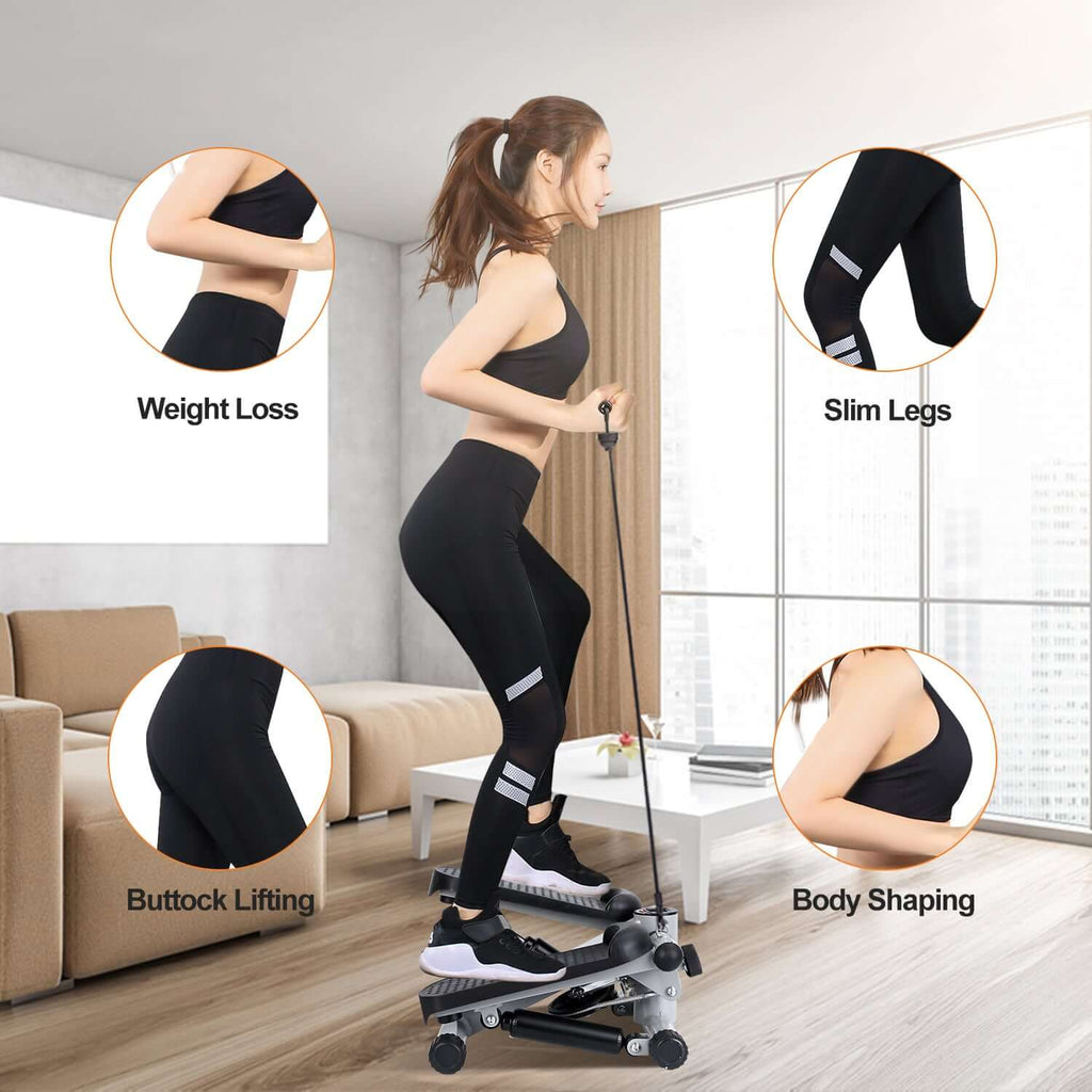 Mini stair stepper with resistance bands showcasing a user exercising, featuring LCD monitor and quiet operation.