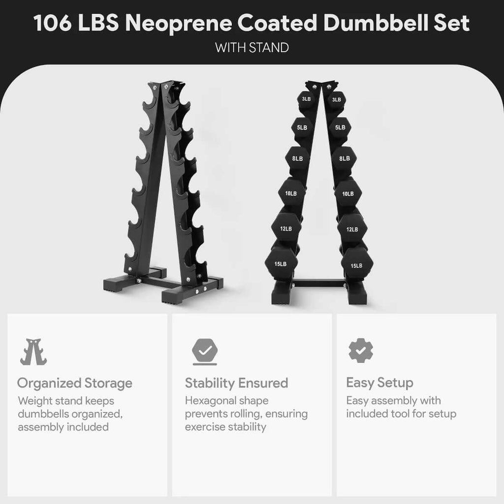 BalanceFrom 110 lb Neoprene Coated Dumbbell Set with Stand - 10 Pairs of Adjustable Weights for Comprehensive Home Fitness, Black