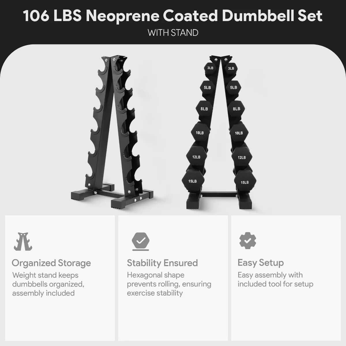 BalanceFrom 110 lb Neoprene Coated Dumbbell Set with Stand - 10 Pairs of Adjustable Weights for Comprehensive Home Fitness, Black