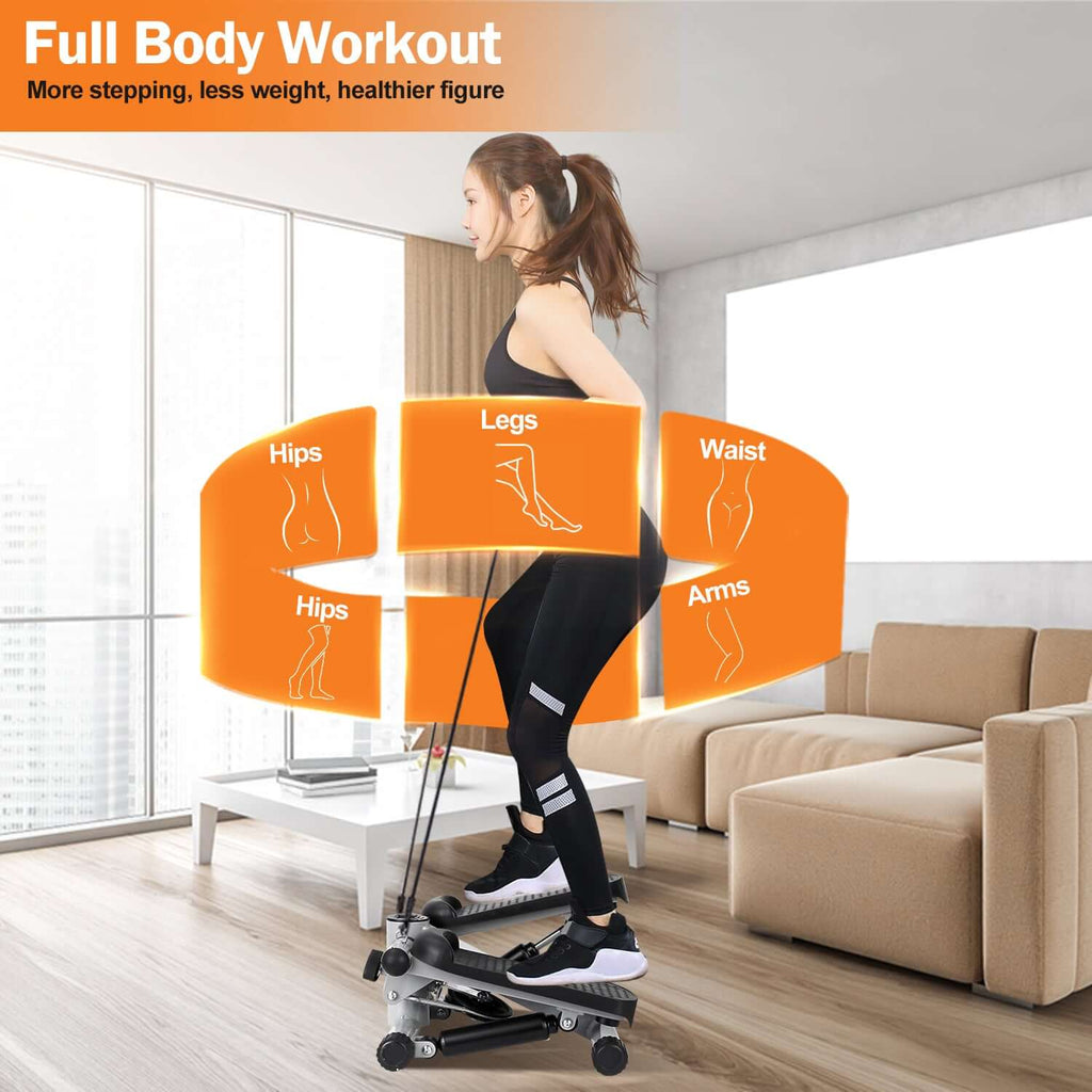 Mini stair stepper with resistance bands showcasing a user exercising, featuring LCD monitor and quiet operation.