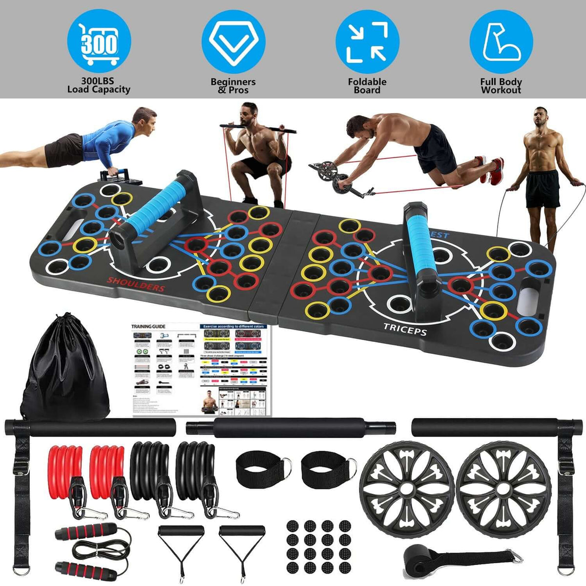 15-in-1 home gym push up board set with color-coded handles, resistance bands, and accessories for full-body workouts.