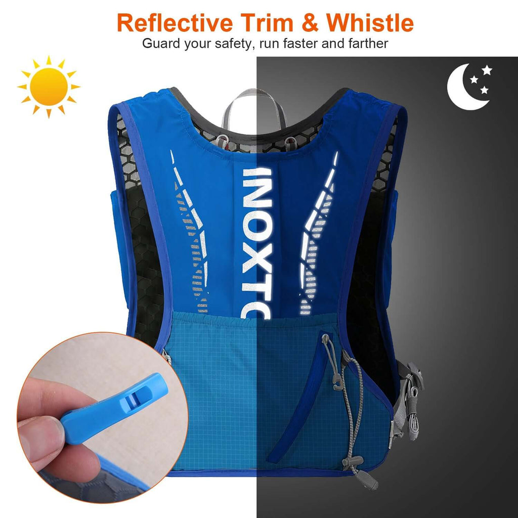 Running hydration vest with water bladder in blue, black, and gray designs for active hydration.
