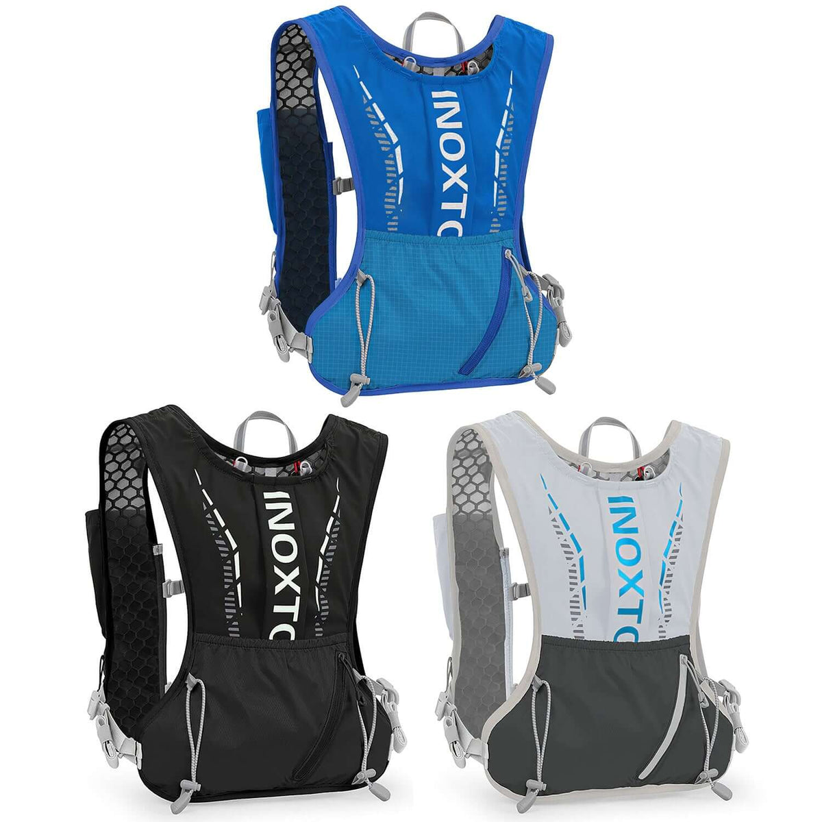 Running hydration vest with water bladder in blue, black, and gray designs for active hydration.