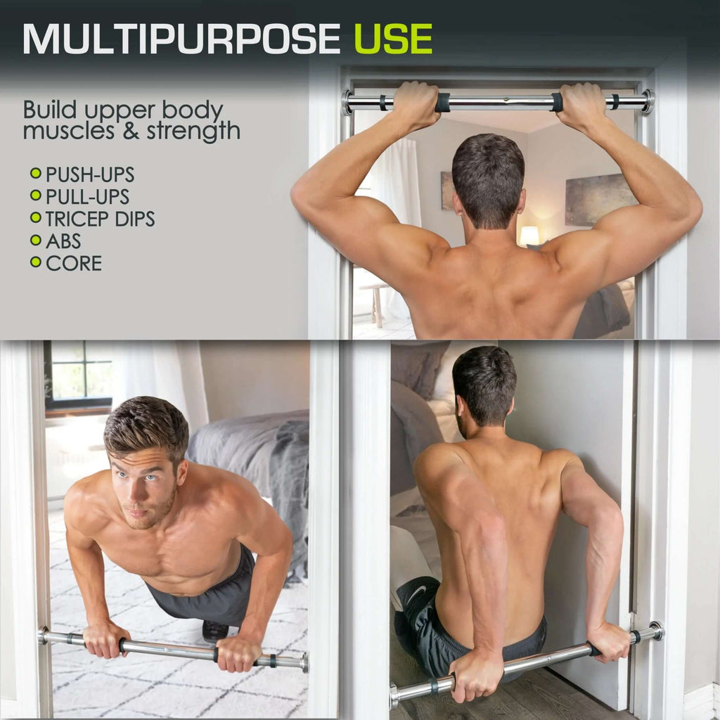 Adjustable doorway pull-up bar in heavy-duty steel, designed for home workouts, capacity of 220 lbs, fits doorframes 24"–39".