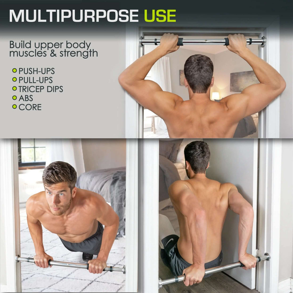 Adjustable doorway pull-up bar in heavy-duty steel, designed for home workouts, capacity of 220 lbs, fits doorframes 24"–39".