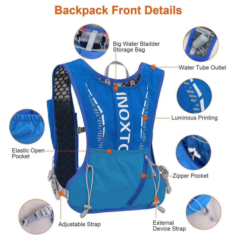 Running hydration vest with water bladder in blue, black, and gray designs for active hydration.