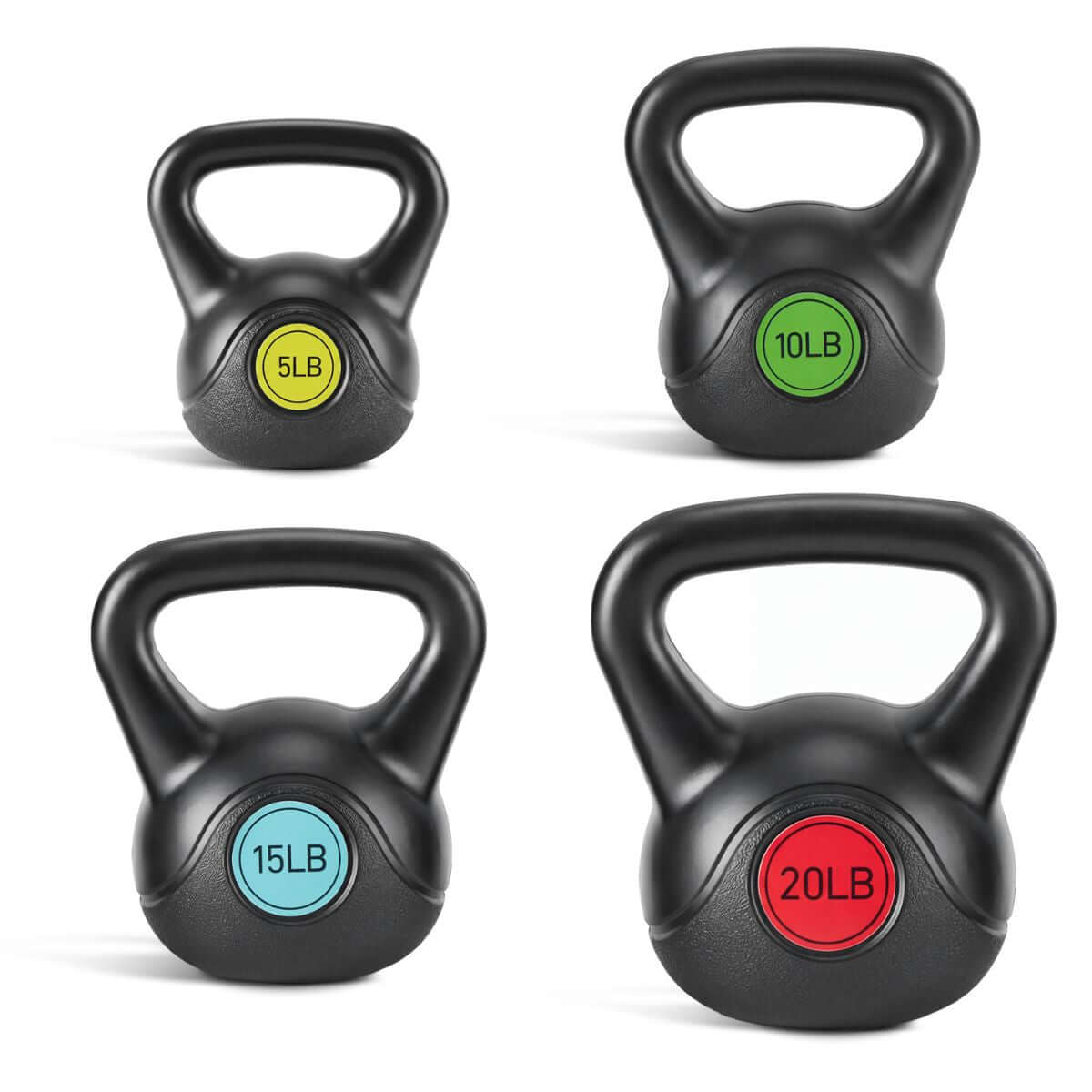 Floor-safe HDPE kettlebell set featuring 5LB, 10LB, and 15LB weights with ergonomic design for strength training.